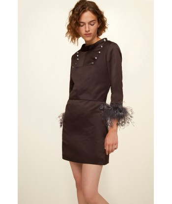 Feather-embellished satin dress livraison gratuite