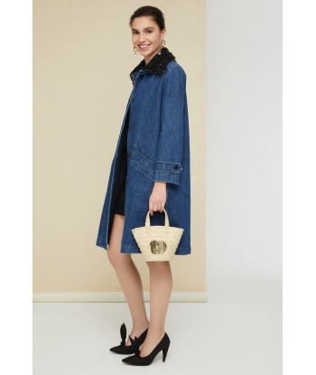 Jewelled collar denim overcoat solde